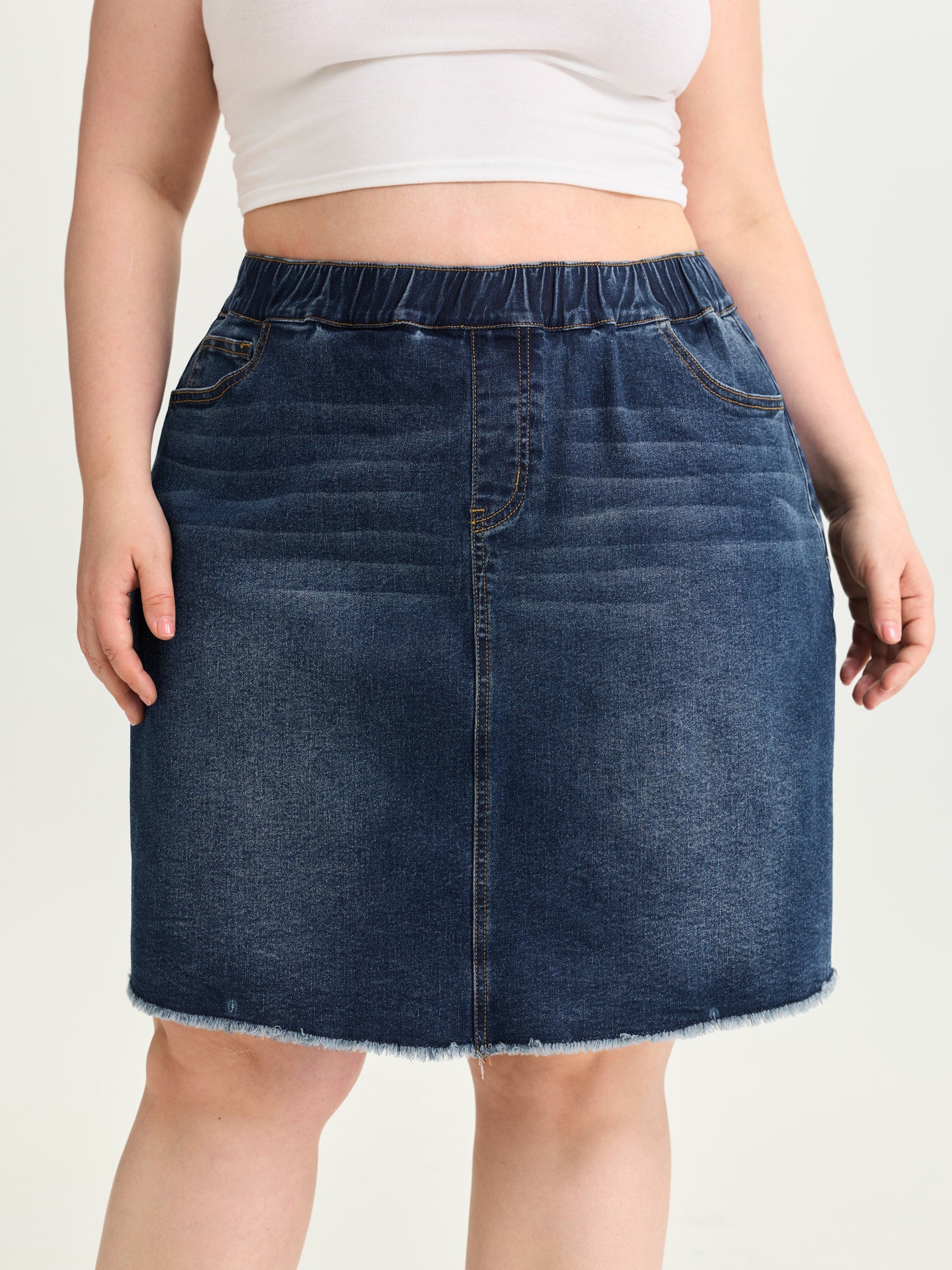 Stretchy Raw Hem Elastic Waist Denim Skort