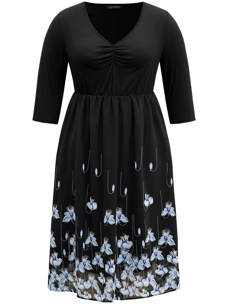 Boho Print Ruched Elastic Waist Chiffon Dress