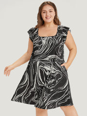 Marble Pocket Ruffle Cap Sleeve Square Neck Dress