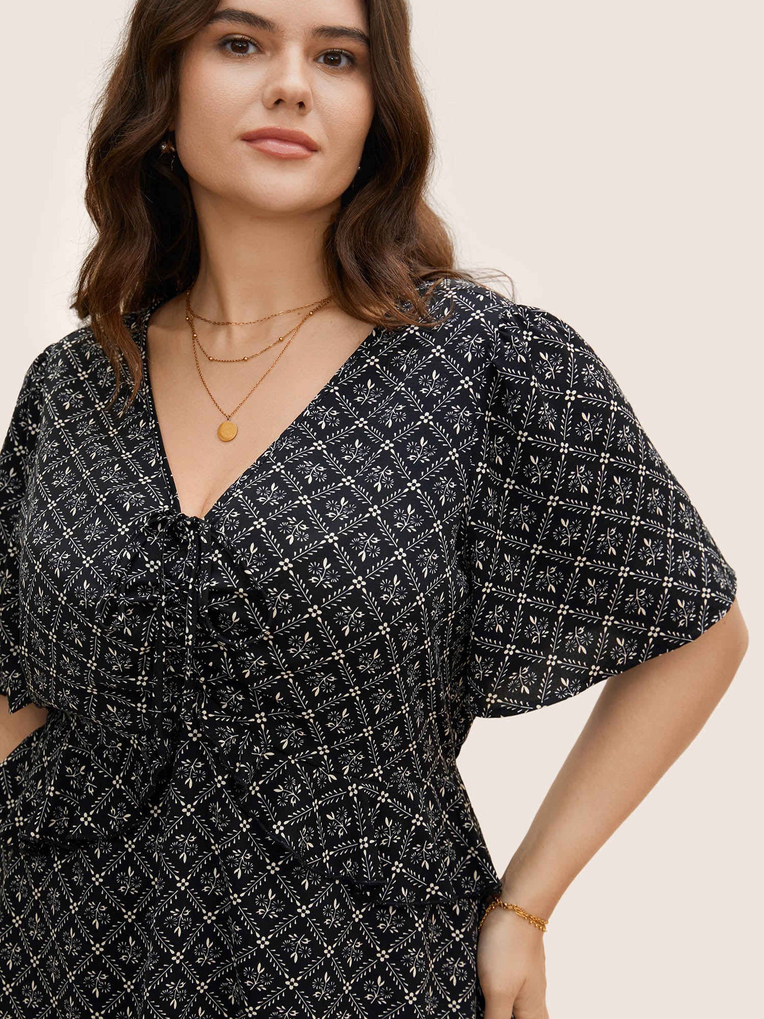 Moroccan Print Tie Knot Ruffle Trim Blouse