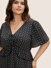 Moroccan Print Tie Knot Ruffle Trim Blouse