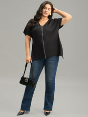 Plain Zipper Curved Hem Blouse
