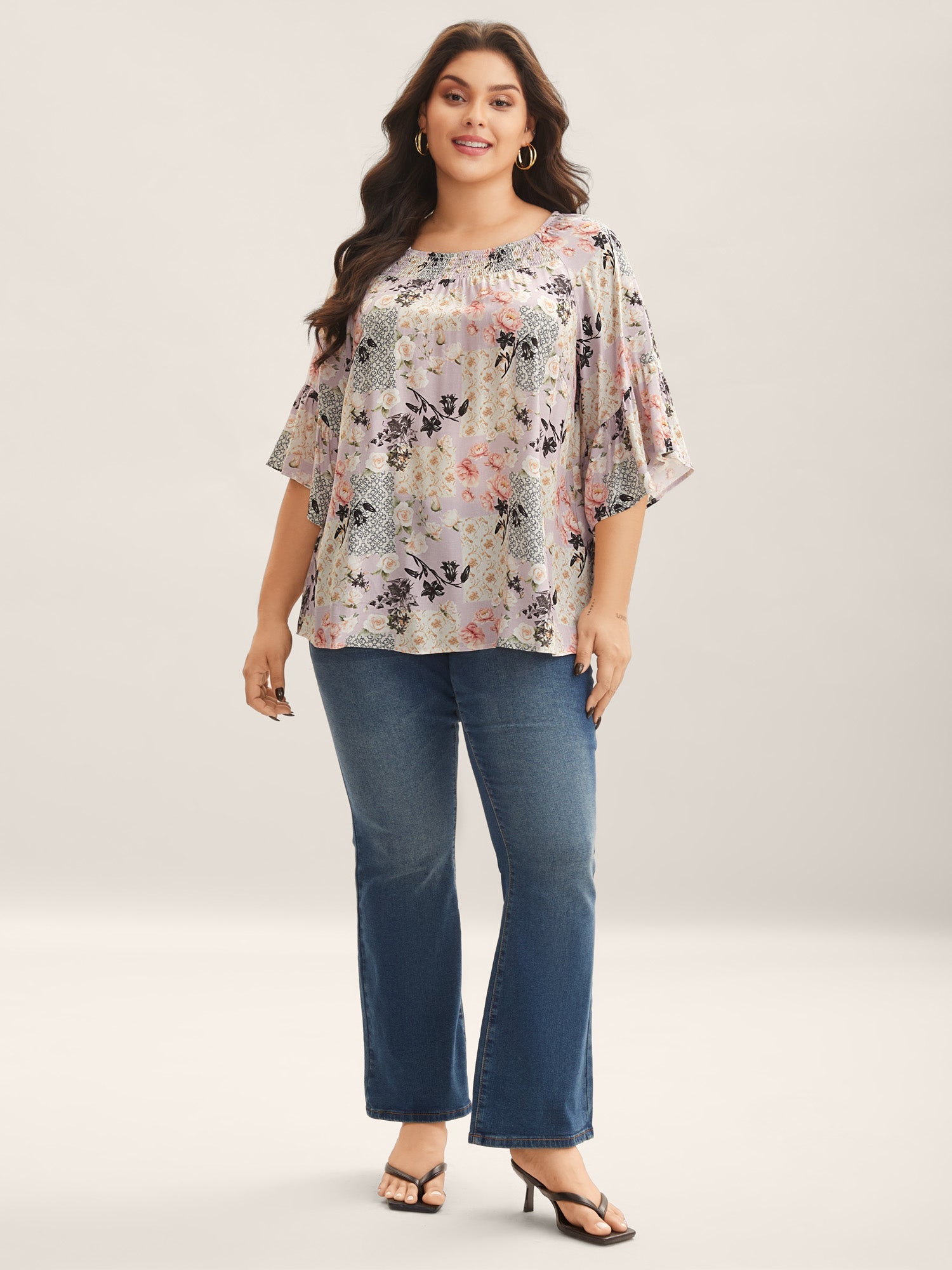 Floral Shirred Neck Flowy Blouse