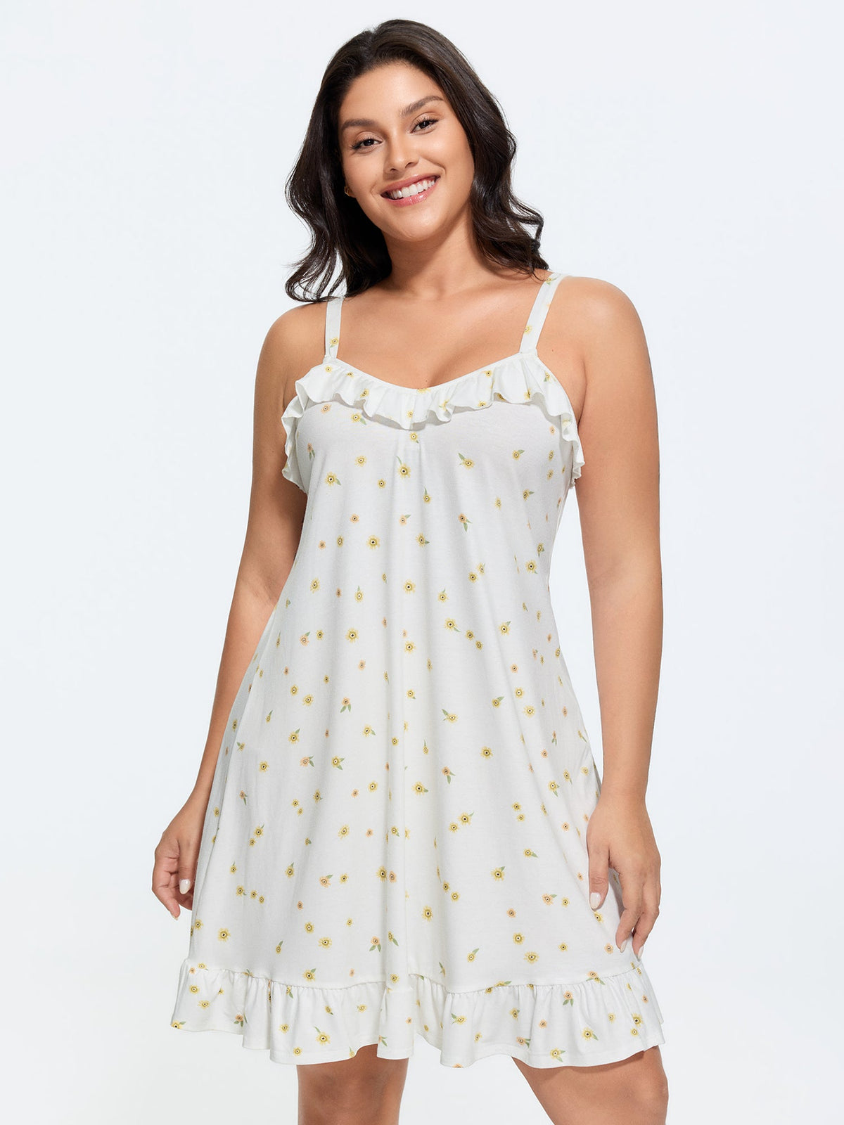 Supersoft Ruffled Neckline Floral Print Sleeveless Nightgown