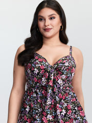 Floral Print Bow Tie Cinched Waist Tank Top
