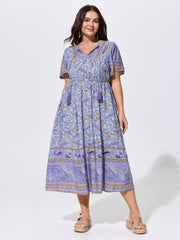 Floral Print Tassels Drawstring Neckline Midi Dress
