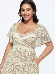 Ditsy Floral Print Sweetheart Lace Neckline Midi Dress