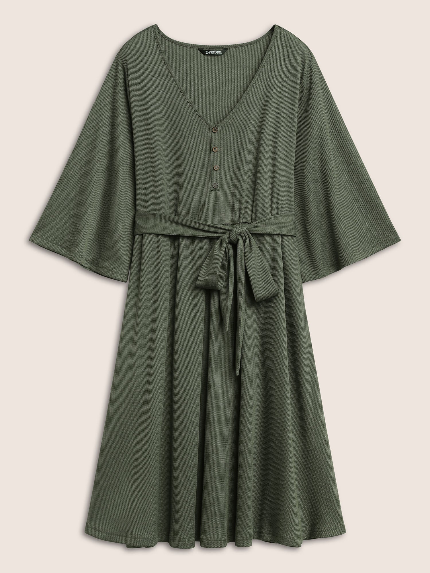 Solid Waffle Knit Button Detail Belted Dress