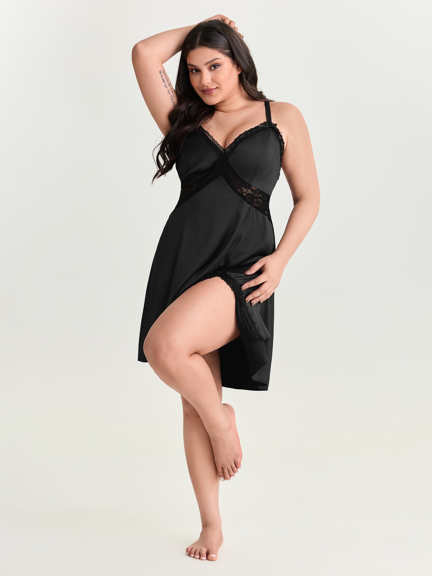 Satin Lace Trim Plunging Neckline Nightgown