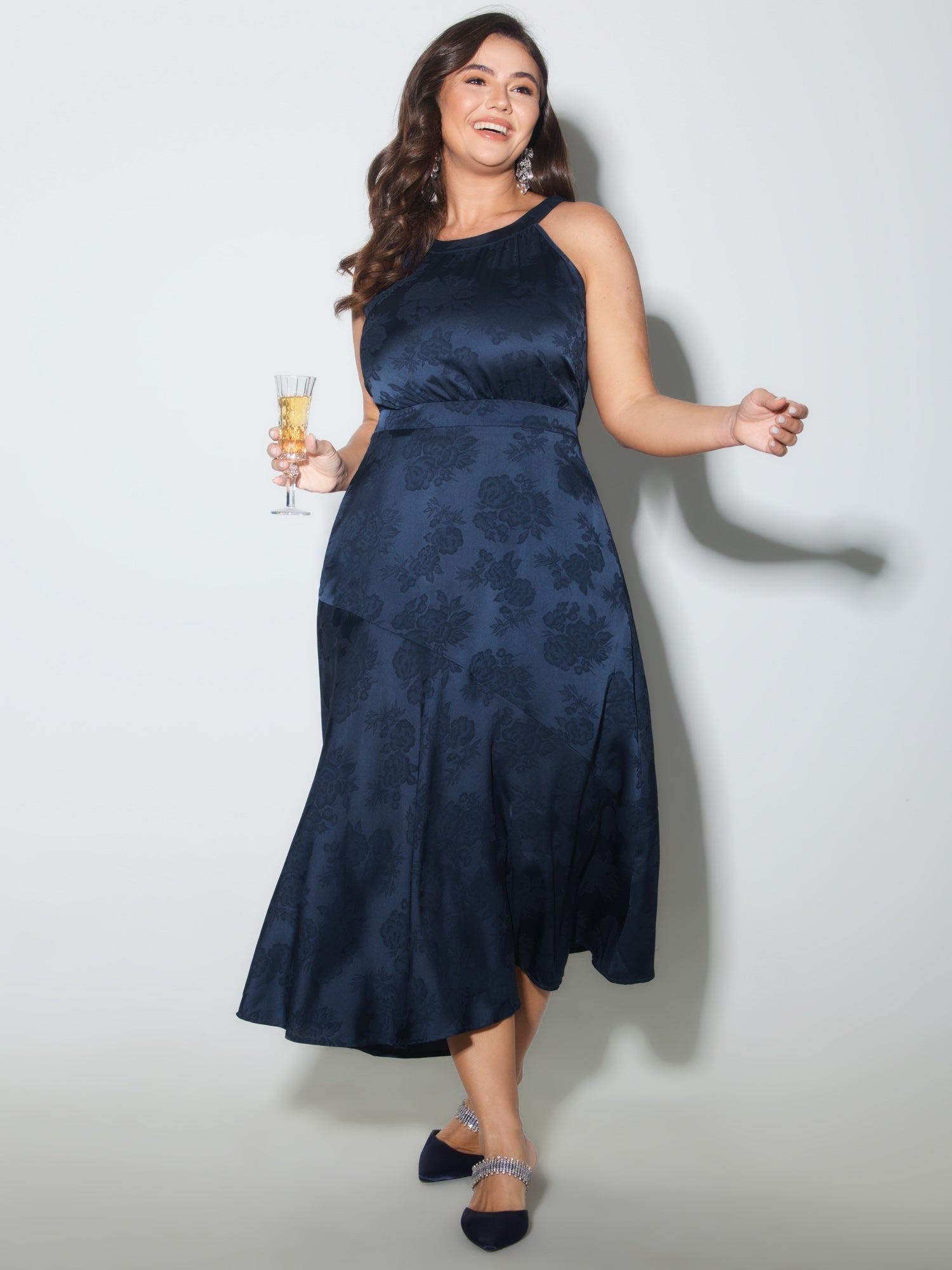 Satin Jacquard Asymmetrical Hem Midi Dress