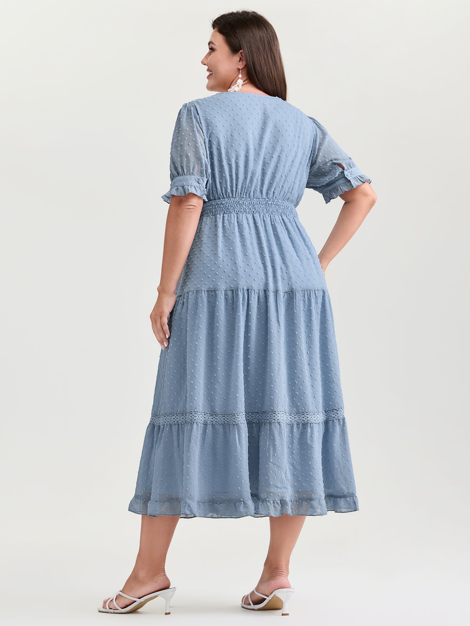 Textured Lace Trim Wrap Neckline Tiered Midi Dress