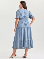 Textured Lace Trim Wrap Neckline Tiered Midi Dress