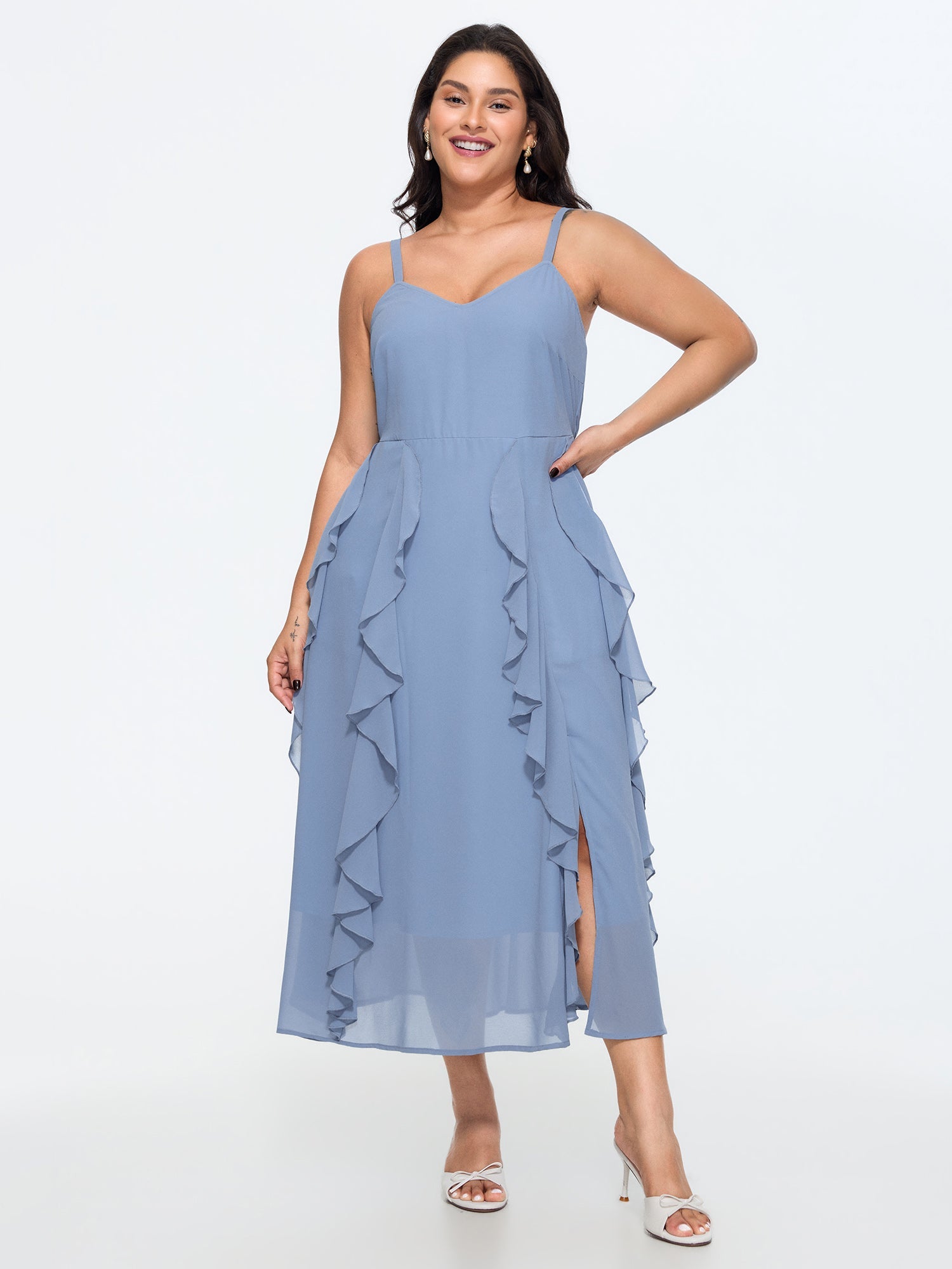 Ruffled Sides Shirred Flowy Midi Dress