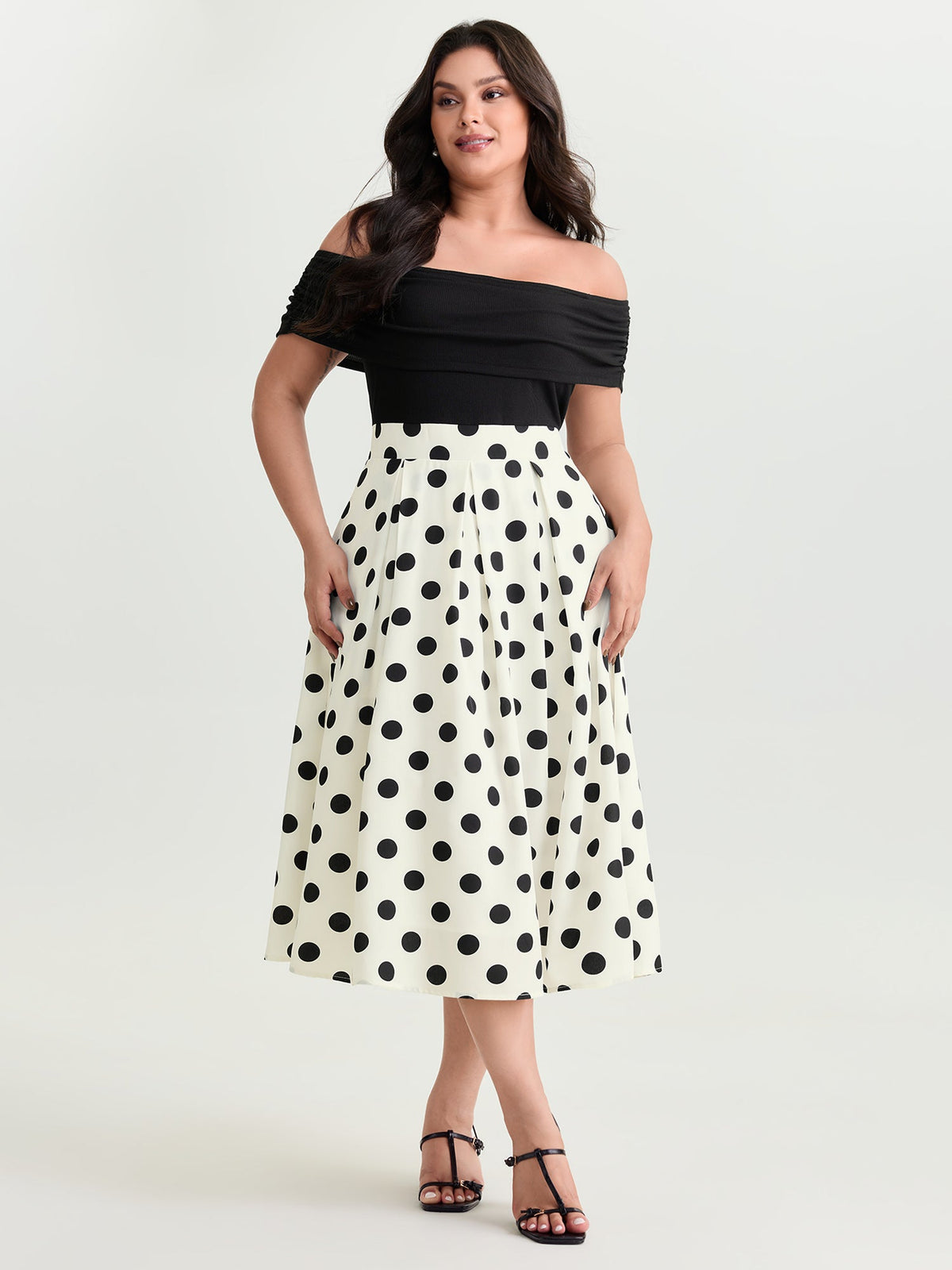 Polka Dot Charm Off-Shoulder Midi Dress