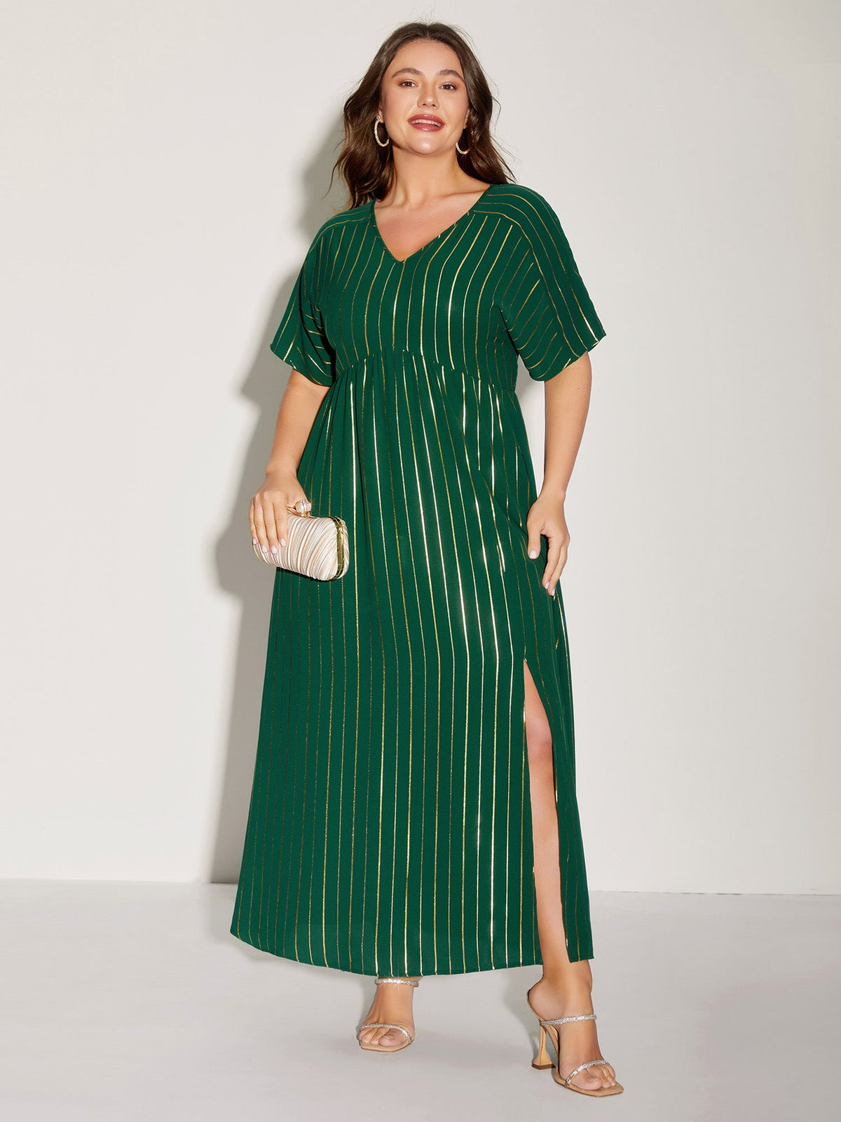 Gold Shimmery Stripes Pockets Midi Dress