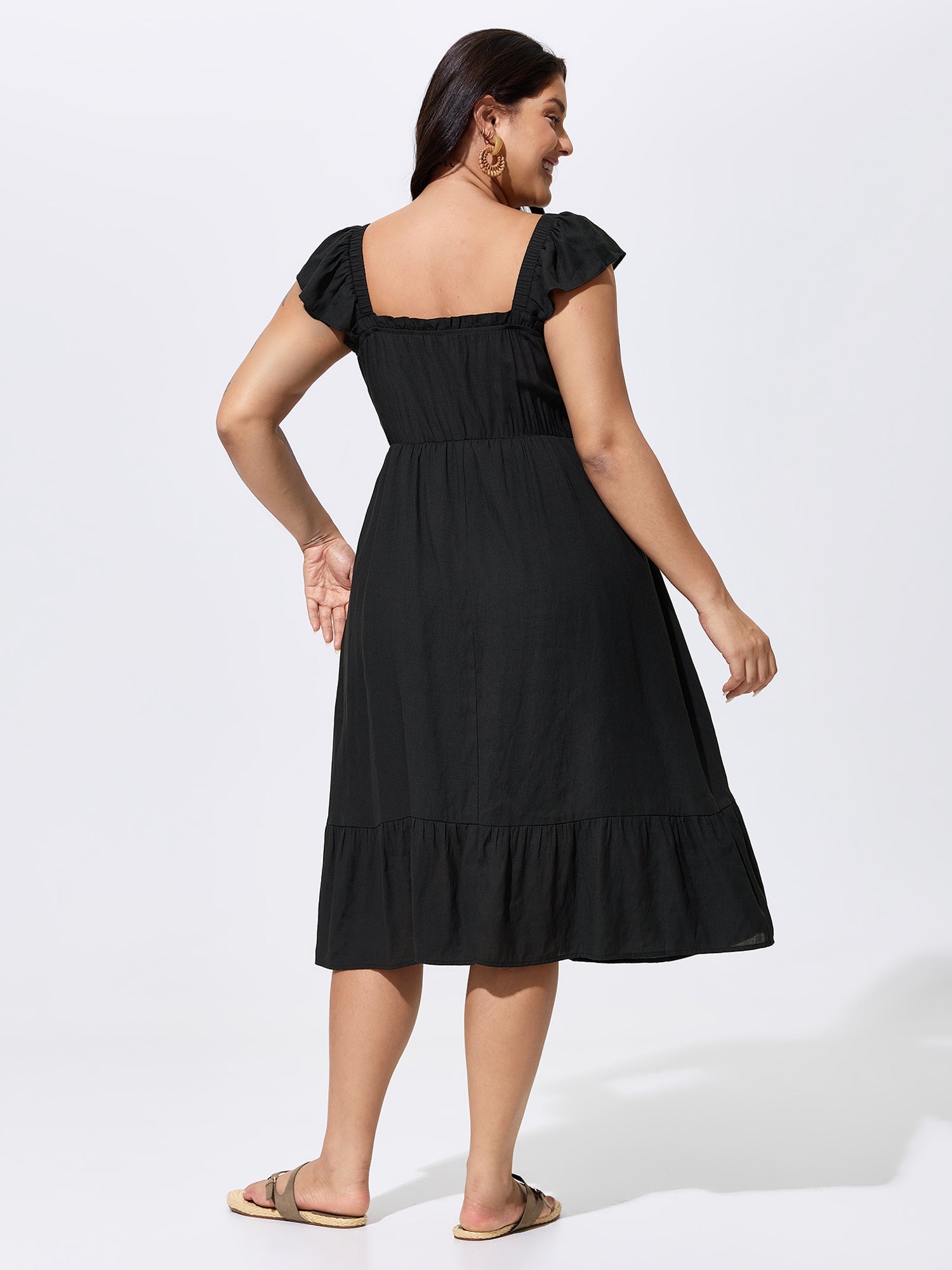 Shirred Flutter Sleeve Plain Midi Dress
