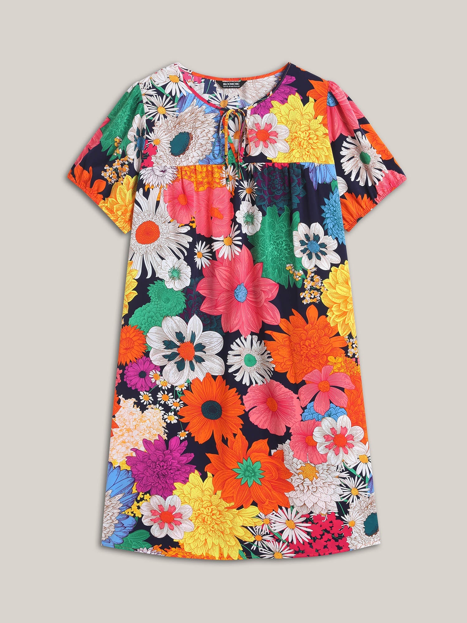 Large Floral Print Neck Tie Mini Dress