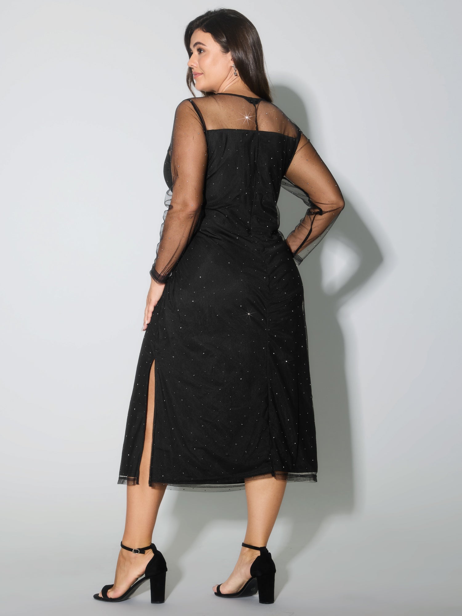 Sheer Stretchy Rhinestone Midi Party Dress