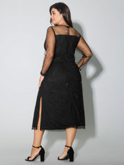 Sheer Stretchy Rhinestone Midi Party Dress