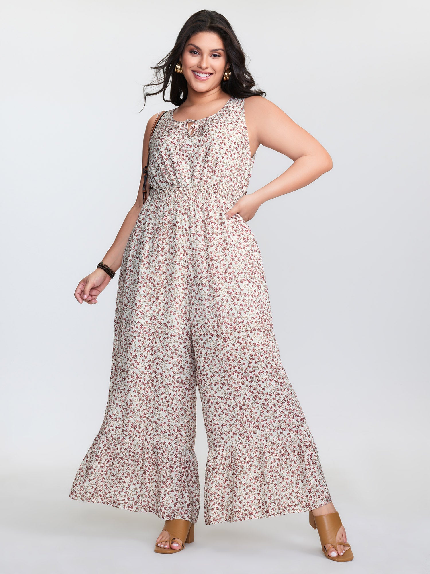 Micro Floral Print Back Tie Ruffled Hem Jumpsuit