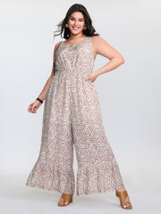Micro Floral Print Back Tie Ruffled Hem Jumpsuit