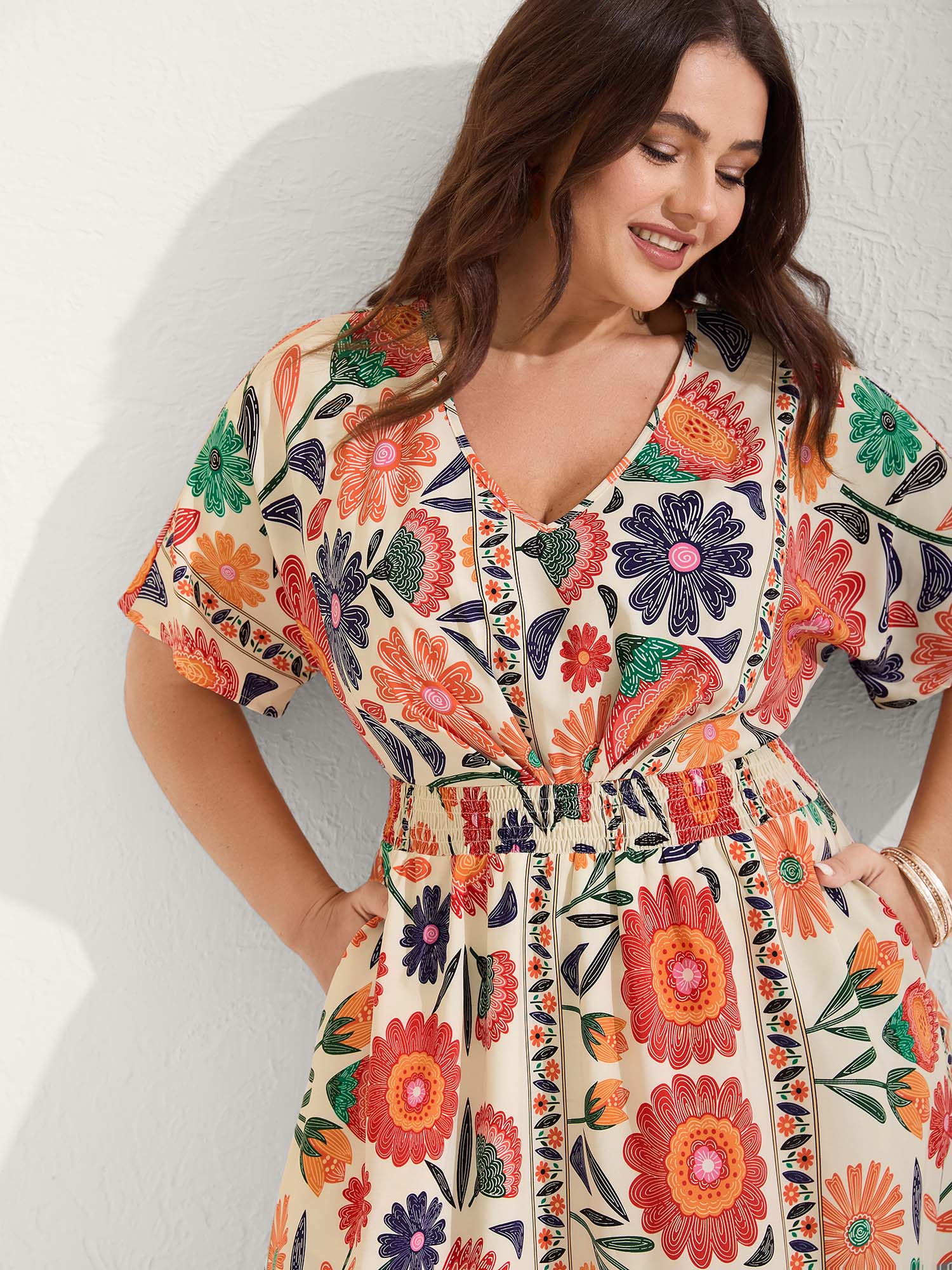 Floral Print Gathered Waist Pleated Maxi Dress