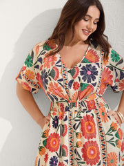 Floral Print Gathered Waist Pleated Maxi Dress