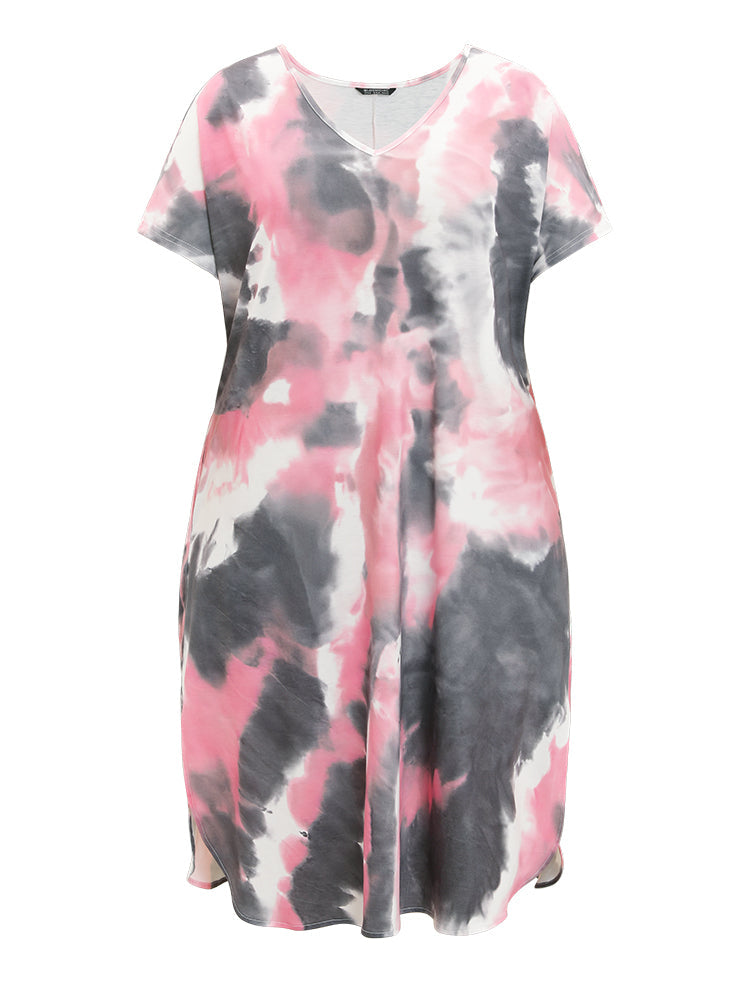 Tie Dye Pocket V Neck Dolman Sleeve Dress
