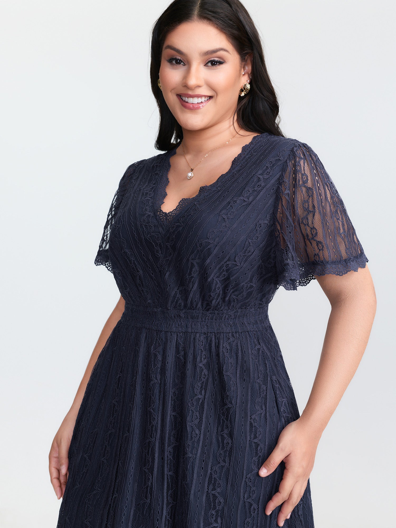 Sheer Lace Trim V-Neck Midi Dress