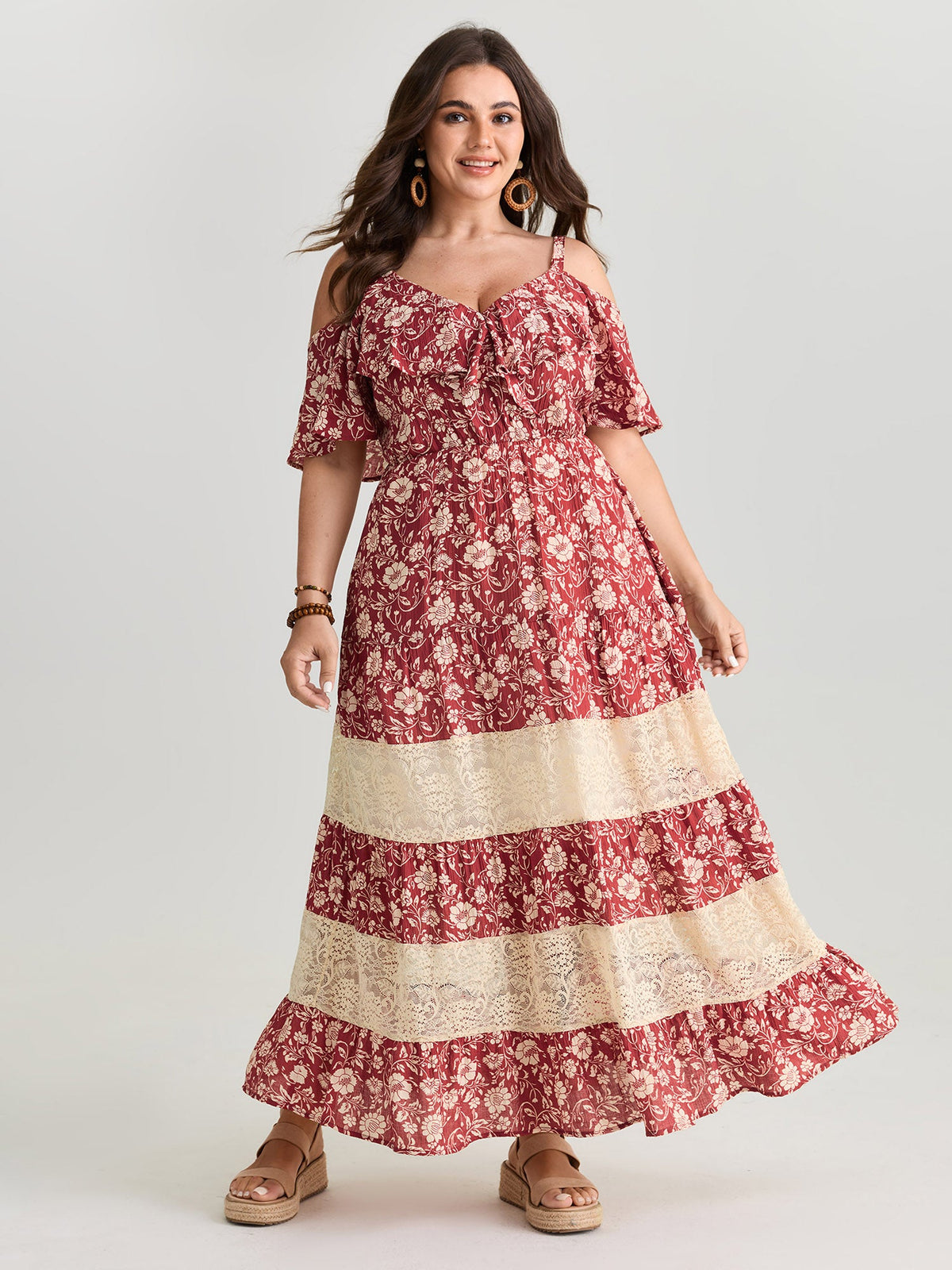 Floral Print Cold-Shoulder Ruffled Maxi Dress