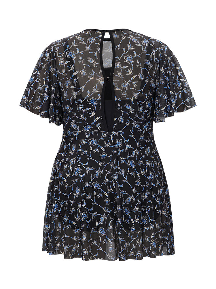 Ditsy Floral Ruffle Sleeve Cut Out Swim Dress