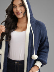 Contrast Hood Hemline Pockets Open Cardigan