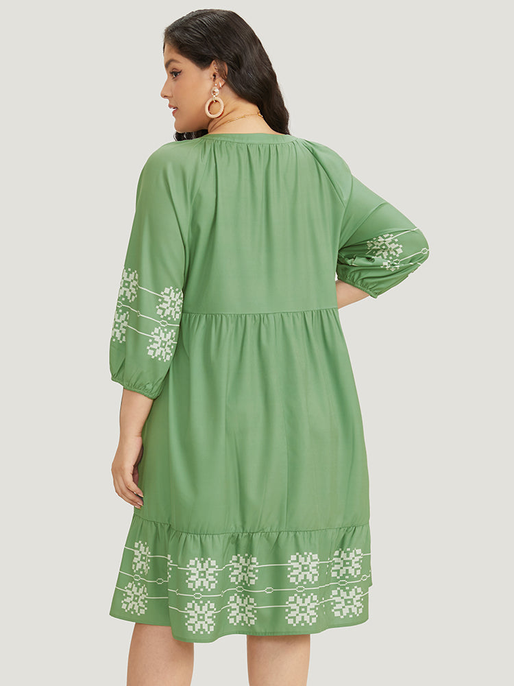 Bandana Print Notched Layered Hem Elastic Cuffs Dress