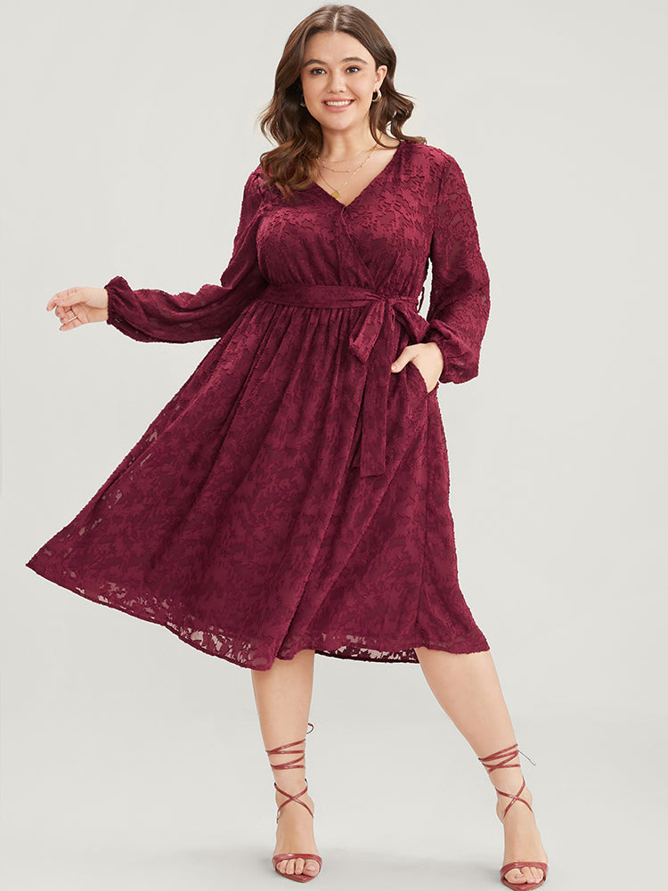 Floral Pocket Lantern Sleeve Belted Surplice Neck Dress
