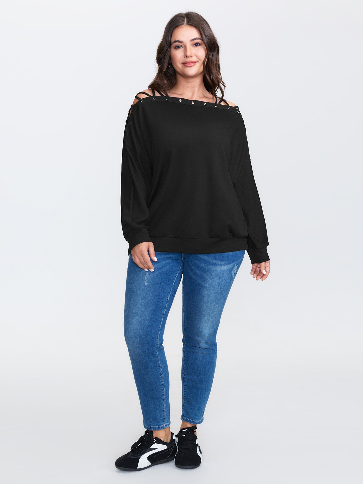 Cut-Out Off-Shoulder Plain Sweatshirt