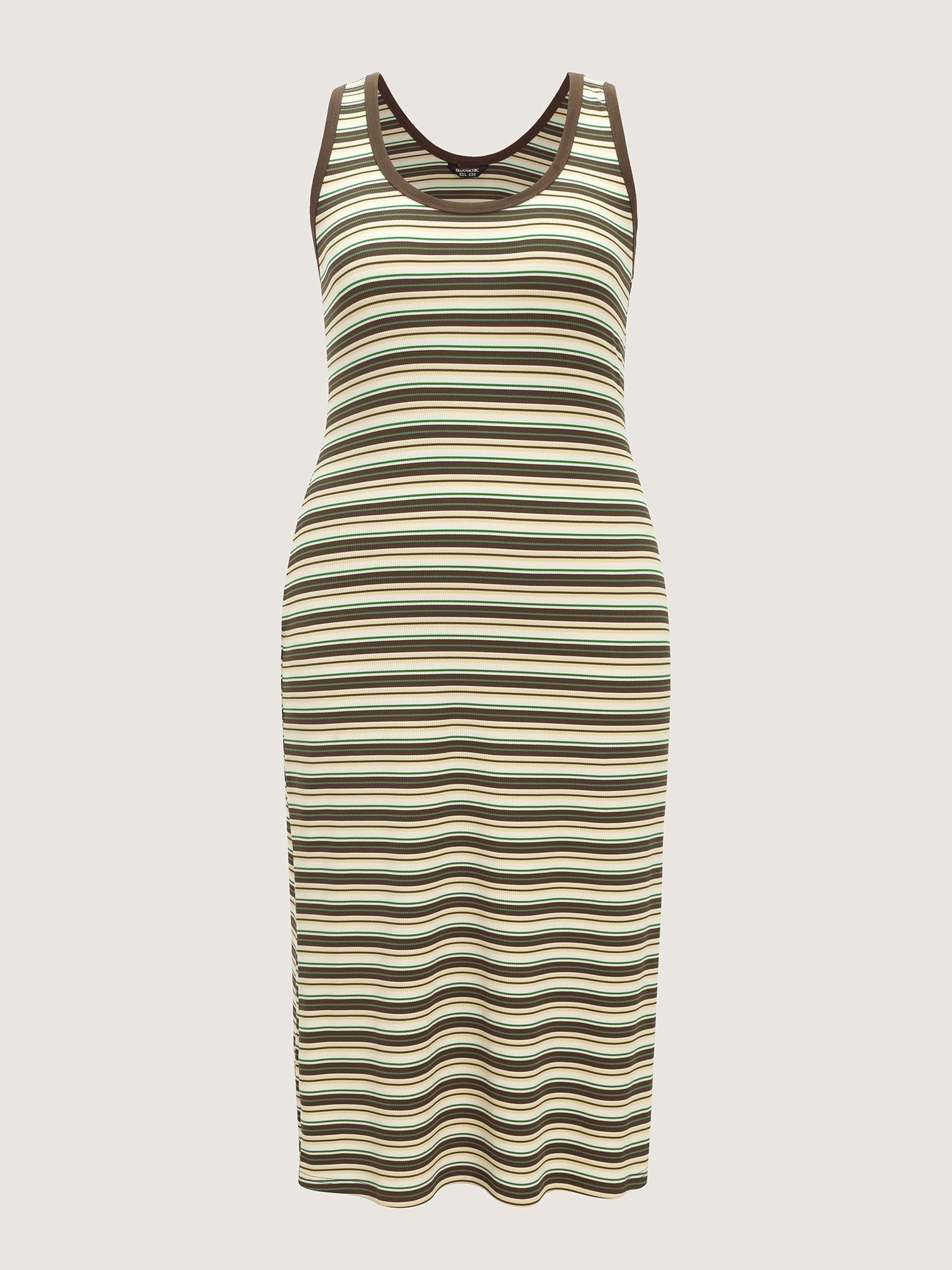 Striped Print Ribbed Scoop Neck Midi Dress