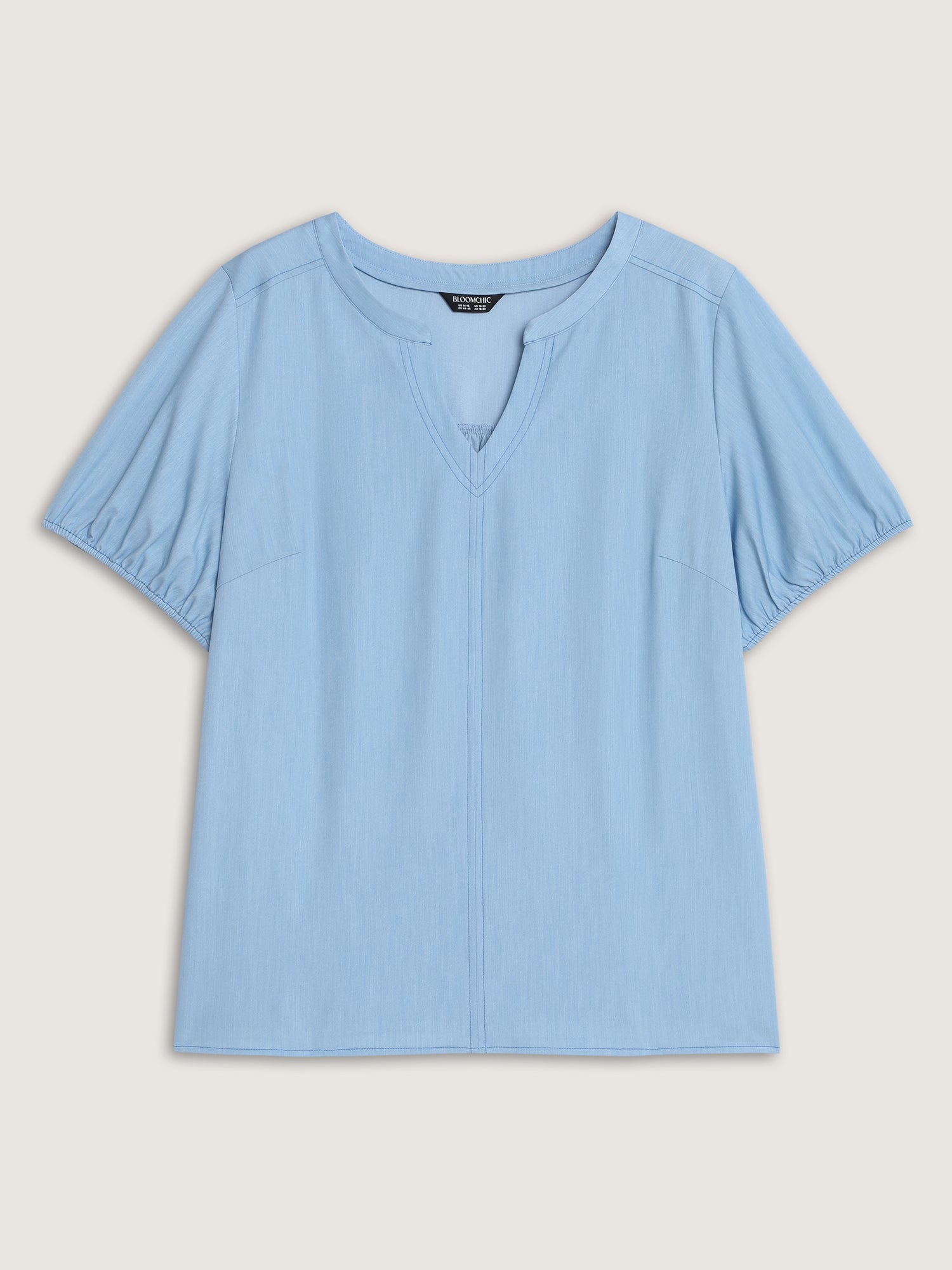 Supersoft Puffy Sleeve Notched Collar Plain Faux Denim Blouse
