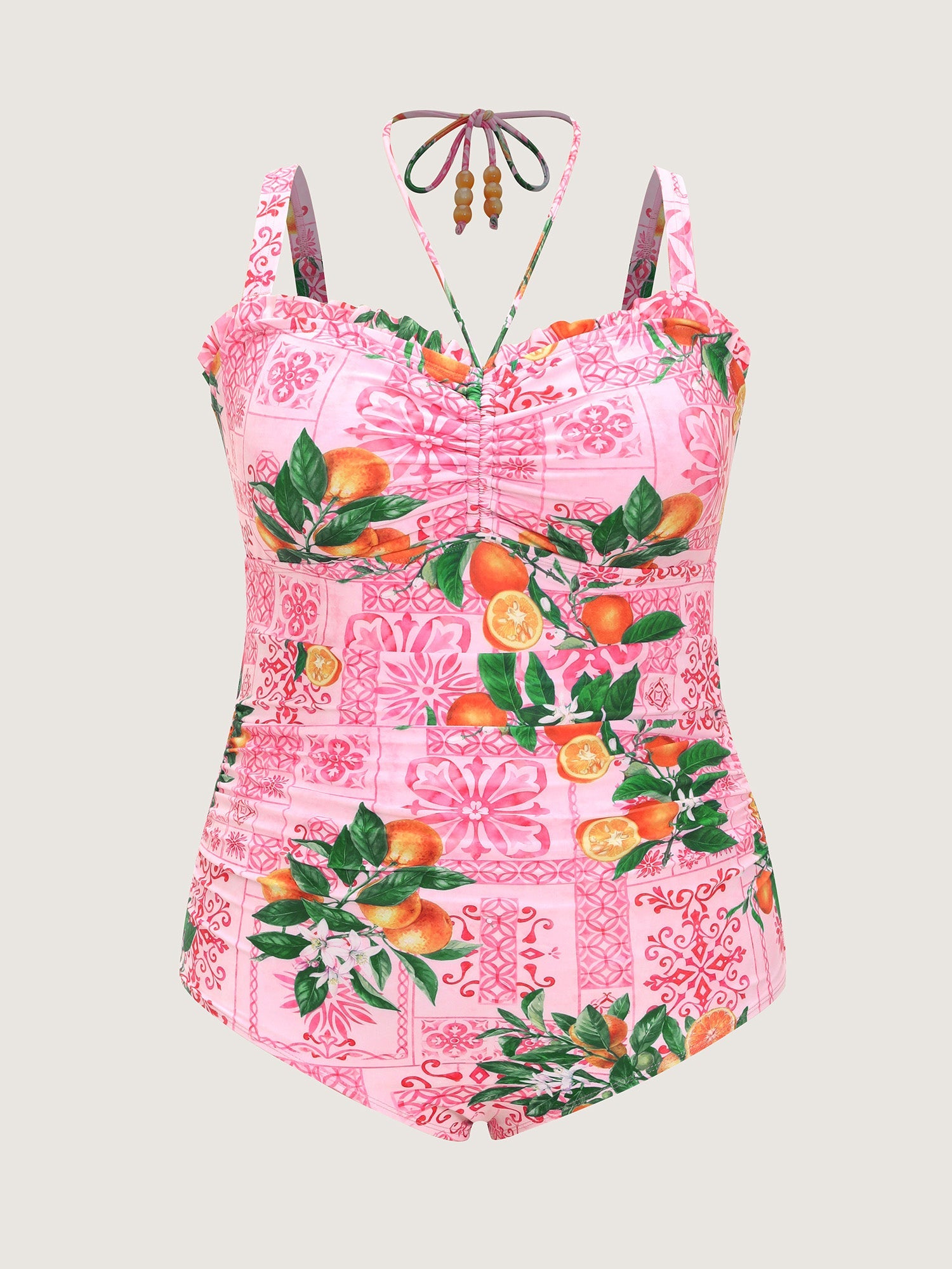 Citrus Tile Print Ruched One-Piece Swim