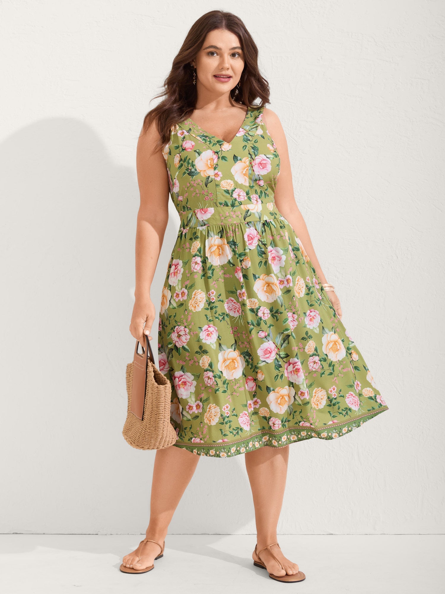 Rayon Floral Shirred Pockets Midi Dress