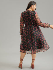 Floral Mesh Elastic Waist Lantern Sleeve Dress