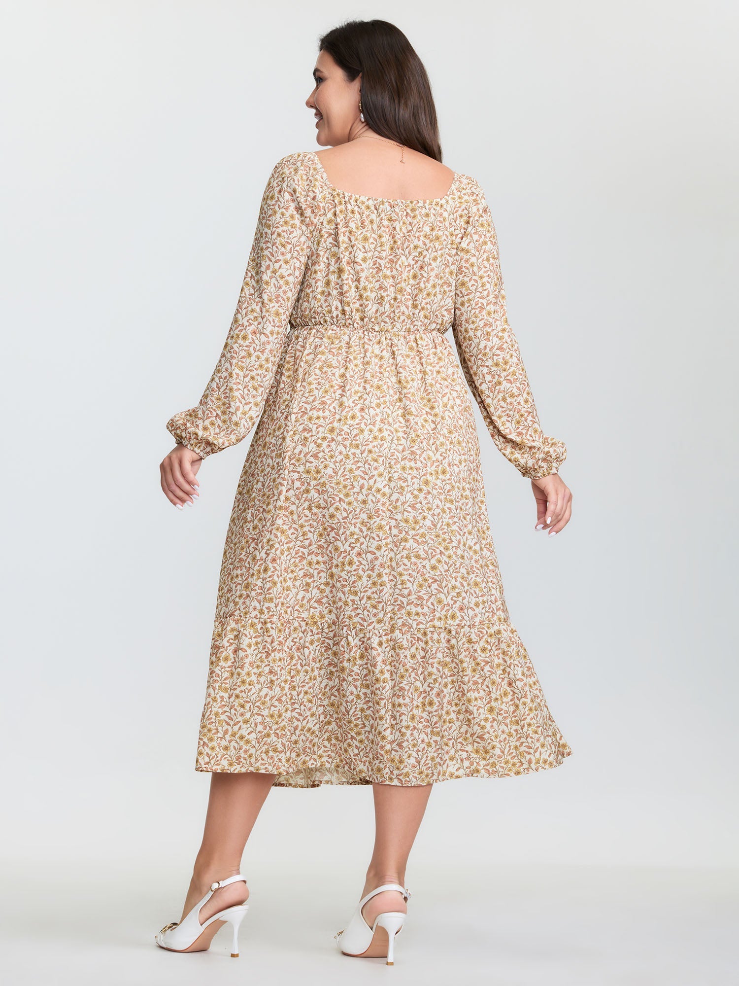 Retro Floral Print Lace Trim Midi Dress