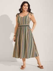 Boho Stripe Knotted Straps Midi Dress