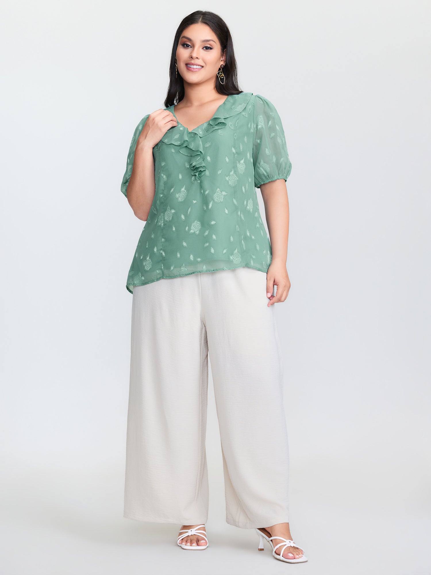 Lotus Leaf Neckline Textured Curvy Hem Blouse