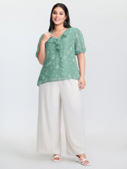 Lotus Leaf Neckline Textured Curvy Hem Blouse