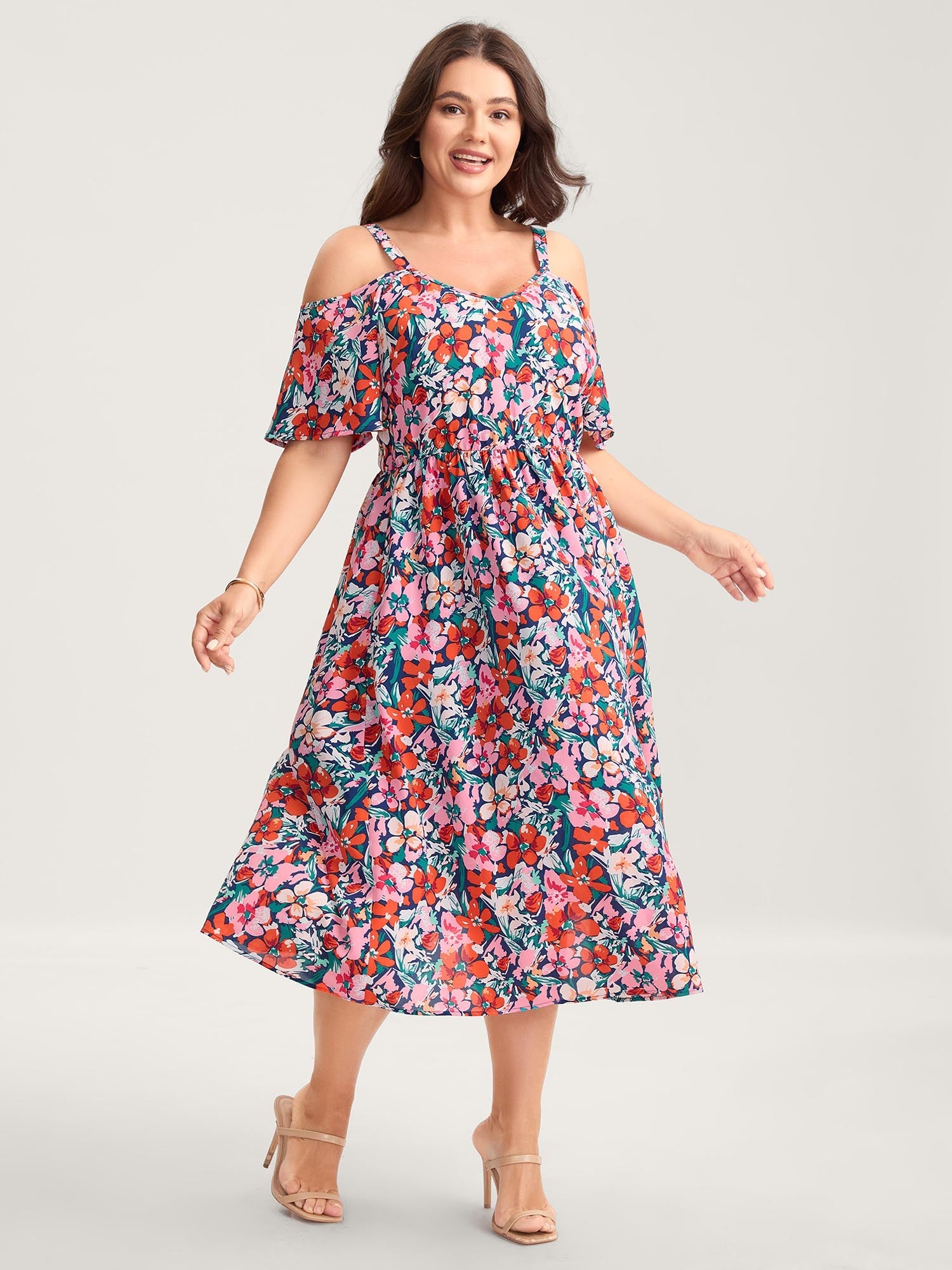 Floral Print Off-Shoulder Pockets Midi Dress