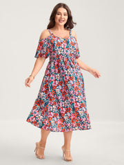 Floral Print Off-Shoulder Pockets Midi Dress
