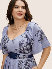 Boho Print Heart Neckline Ruffle Sleeve Maxi Dress