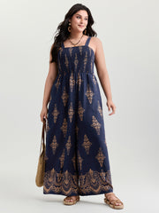 Geometric Print Waist-Defining Shirred Jumpsuit