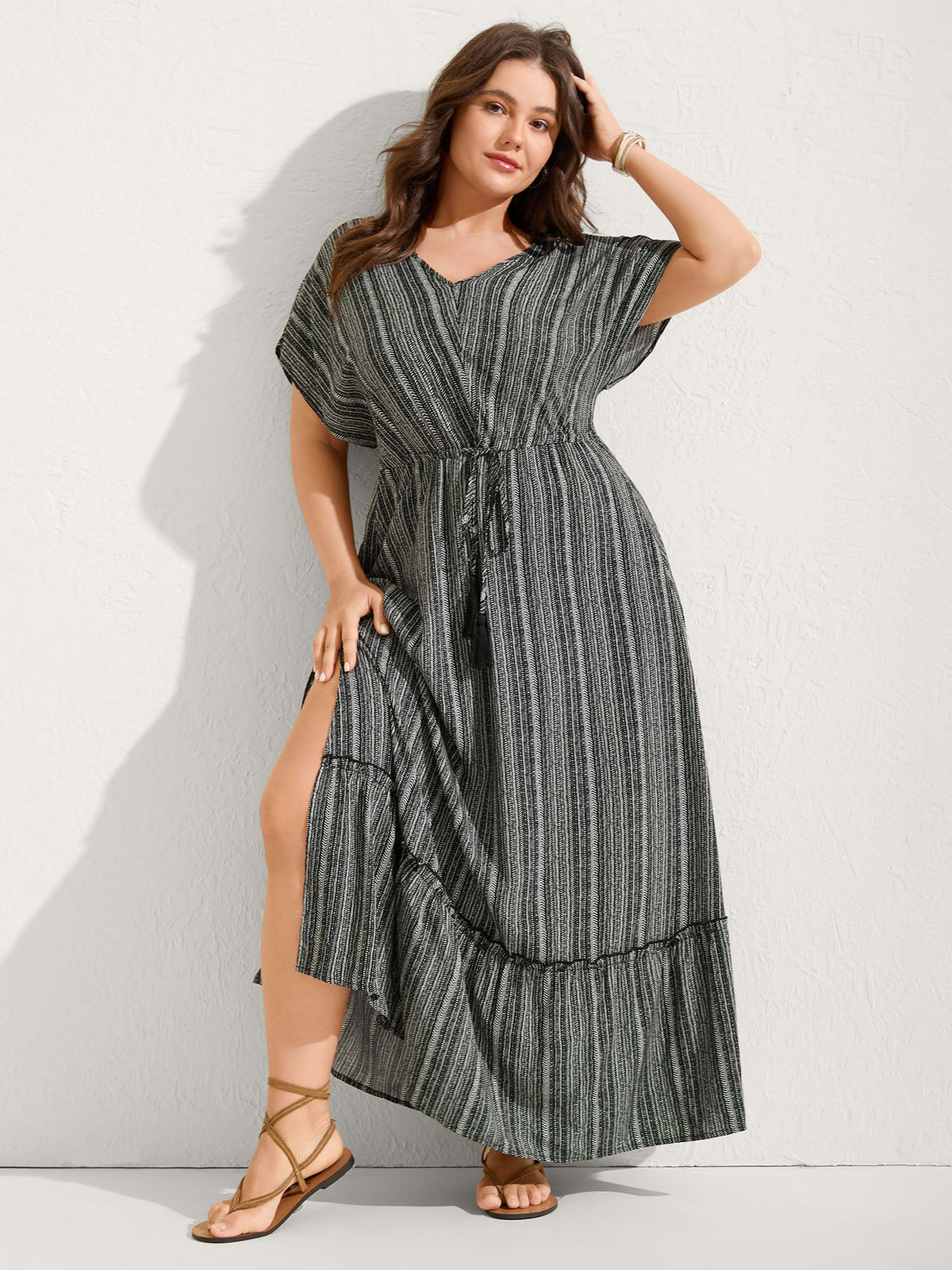Striped Tassel Drawstring Tiered Midi Dress