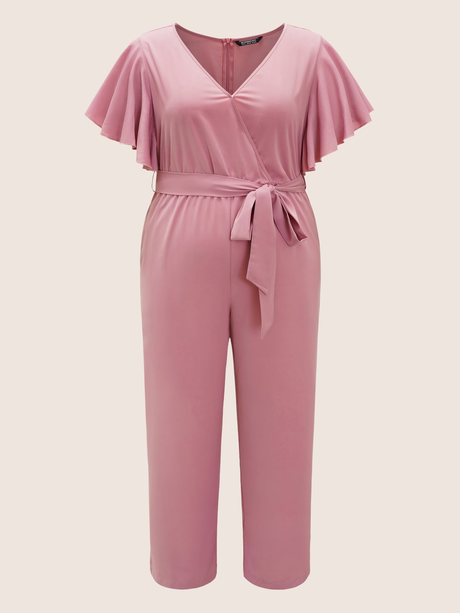 Anti-Wrinkle Plain Belted Flutter Sleeve Zipper Jumpsuit